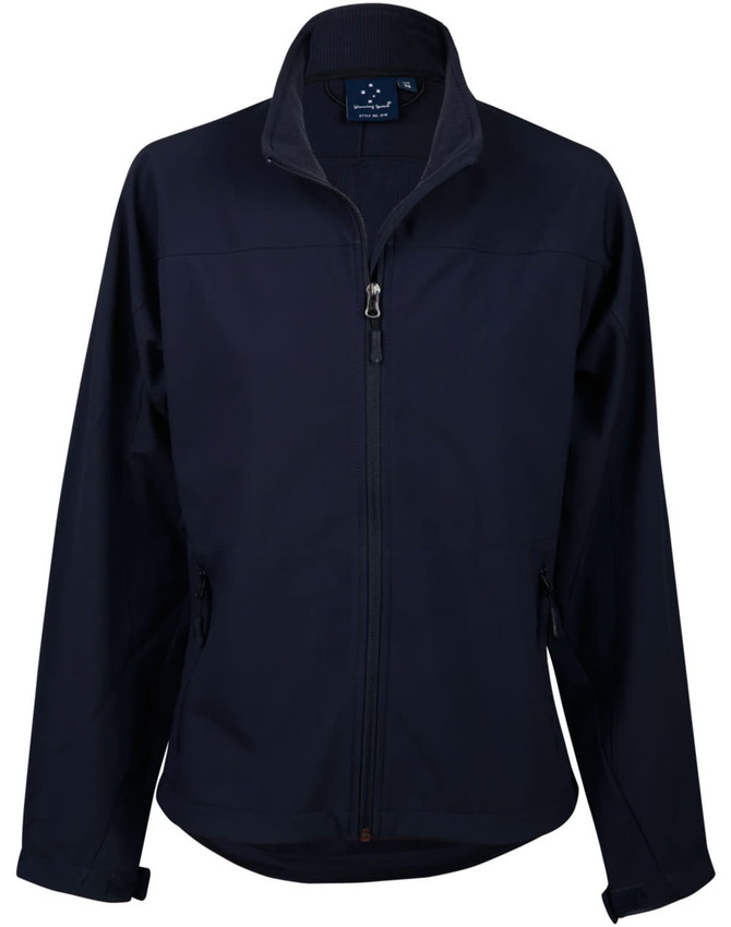 A softshell jacket in navy blue with a zip front, featuring side pockets and a collar. It has a logo on the interior tag.