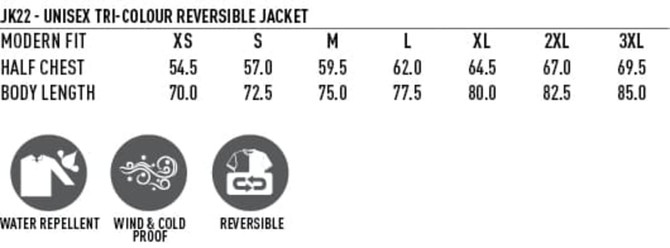 A tri-colour reversible jacket in various sizes, featuring water repellent and windproof properties.