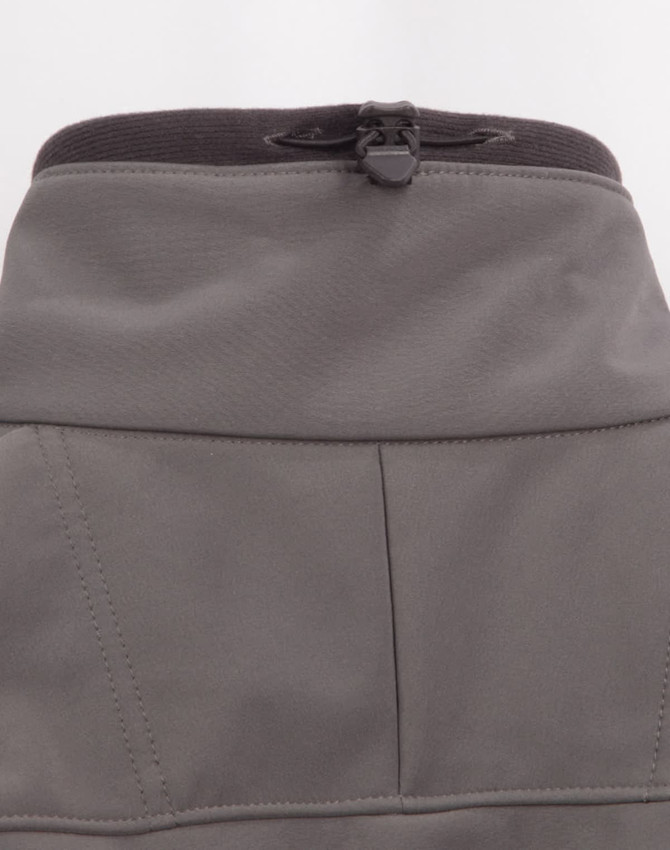 A grey softshell jacket featuring a zip at the collar and a black trim, with a logo on the back.