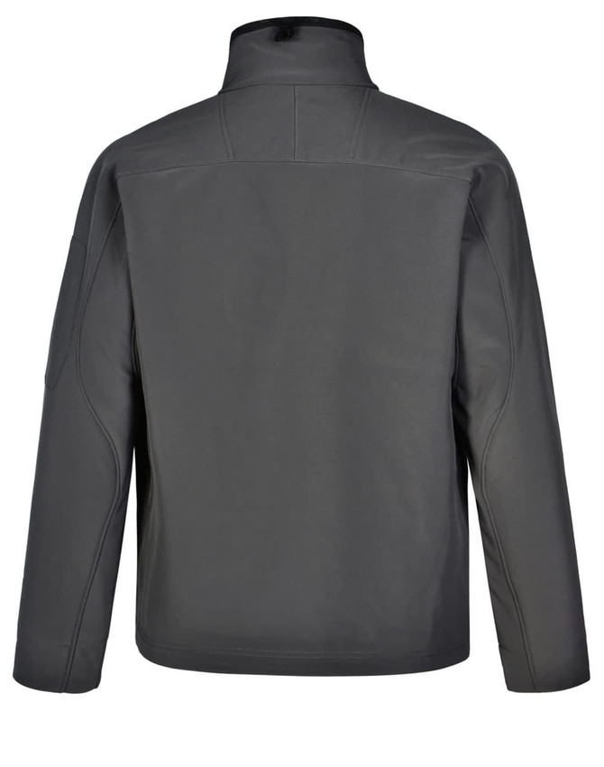 A grey Men's Softshell High-Tech Jacket featuring a stand-up collar and a smooth, sleek back design.