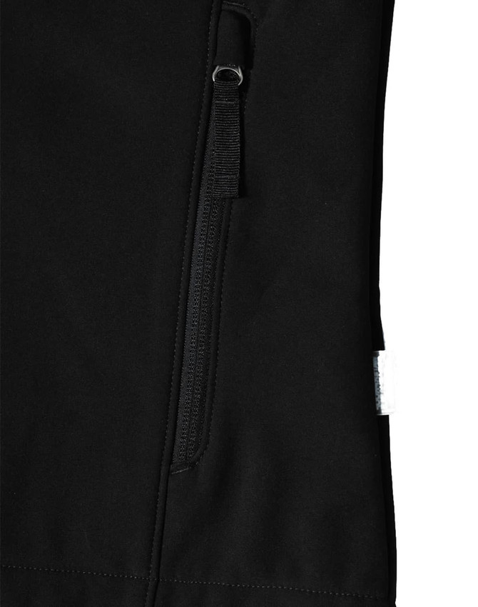A black softshell hi-tech jacket featuring a zippered pocket and a logo.