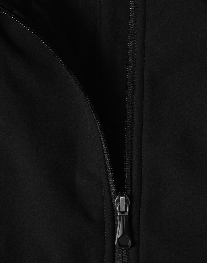 A black softshell jacket featuring a zippered front and a smooth fabric texture. The jacket has a logo.