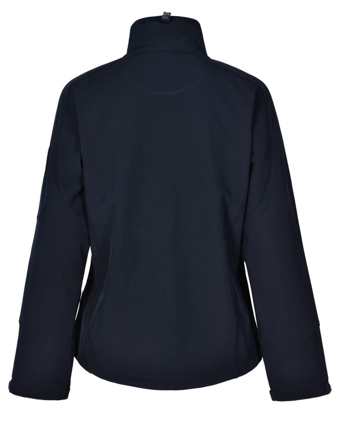 A softshell women's jacket in dark navy, featuring a high collar and long sleeves, with a logo on the back.