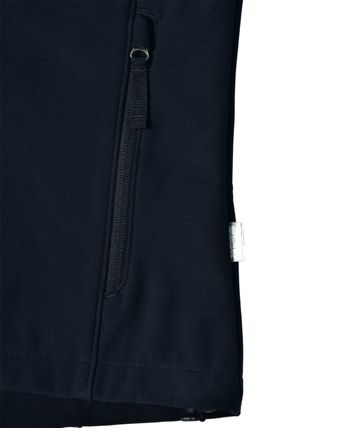 A black ladies softshell jacket featuring a zip pocket and a logo on the side.