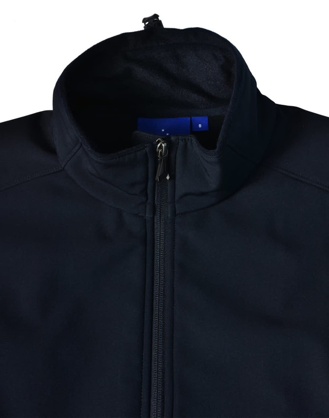A black Ladies Softshell Hi-Tech Jacket featuring a high collar and a zippered front. It has a logo on the fabric.