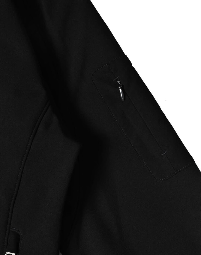 A black softshell hi-tech jacket featuring a zippered pocket on the sleeve and sleek stitching details.