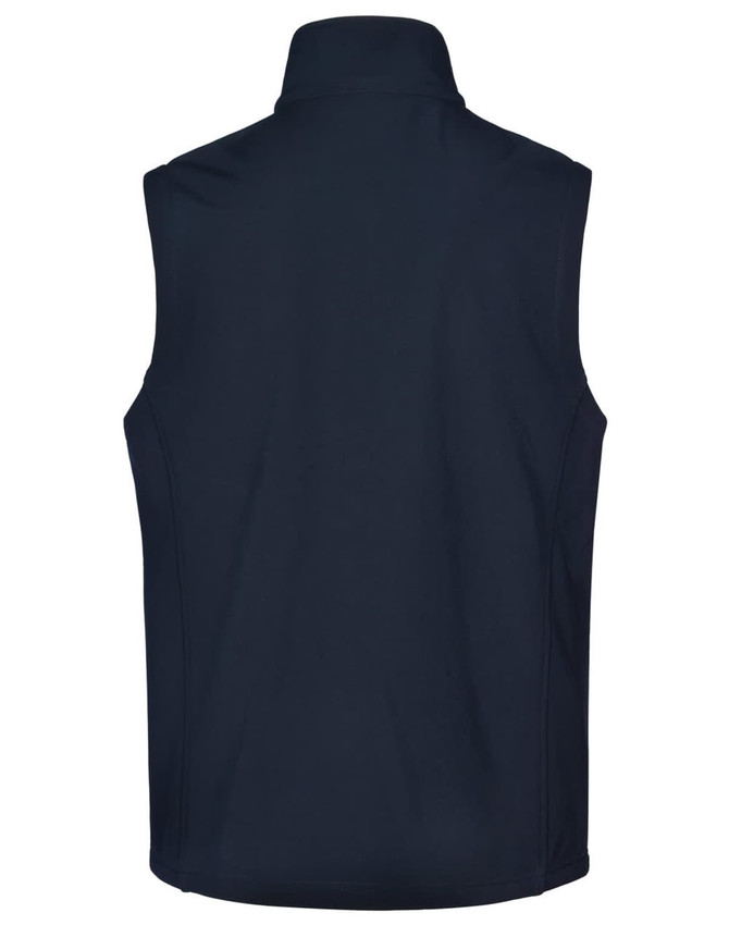 A navy men's softshell hi-tech vest featuring a high collar and a logo on the back.