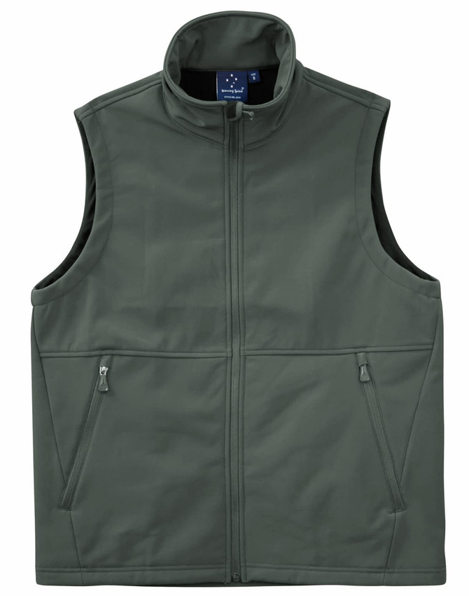 A men's softshell vest in dark green, featuring a zip front and two side pockets. Includes a logo on the chest.