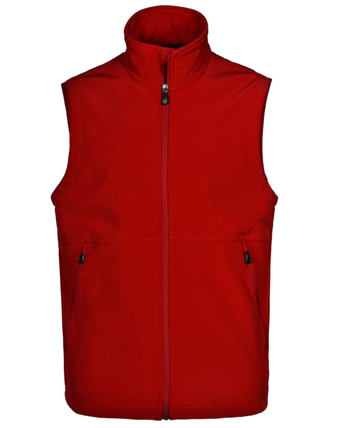 A red men's softshell hi-tech vest featuring a high collar and zippered front, with side pockets and a logo.
