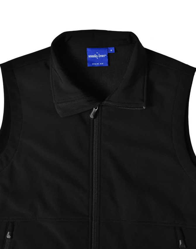 A black men's softshell hi-tech vest with a zippered pocket and a collar, featuring a logo tag.