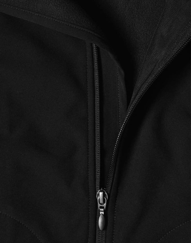 A black softshell vest featuring a zip closure and a textured interior. The vest includes a logo.