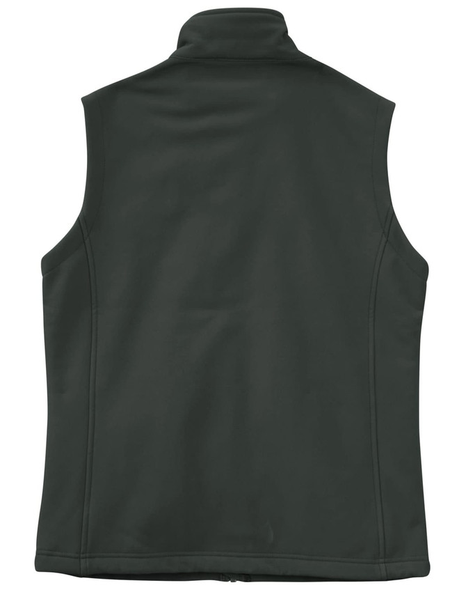 A dark green ladies' softshell hi-tech vest with a collar and no front detailing, featuring a logo.
