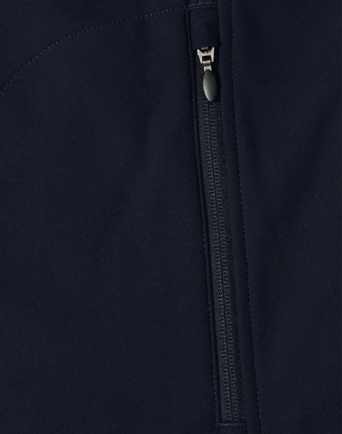 A dark navy softshell vest featuring a zippered closure and a logo on the fabric.