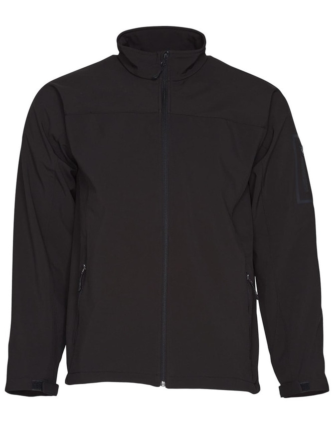 A black softshell jacket with a zippered front and side pockets, featuring a logo on the arm.