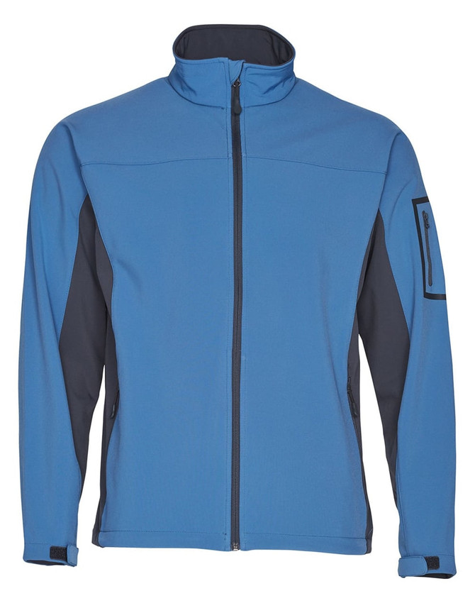 A blue and black Men's WHISTLER Softshell Contrast Jacket with a front zipper and a logo on the sleeve.