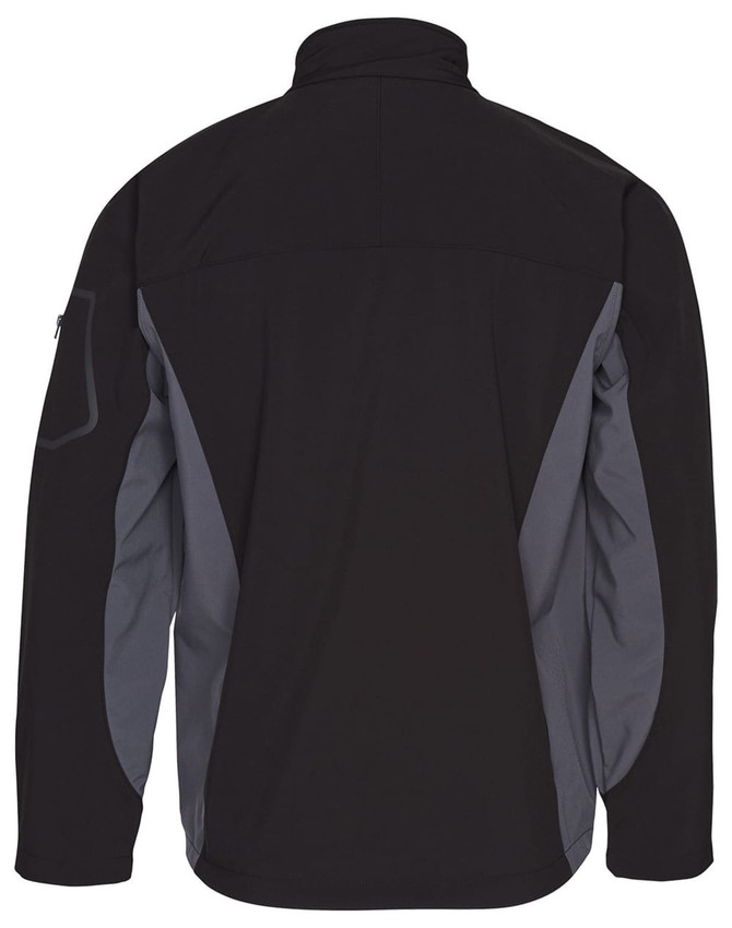 A softshell jacket in black with grey contrast panels, featuring a logo on the sleeve.
