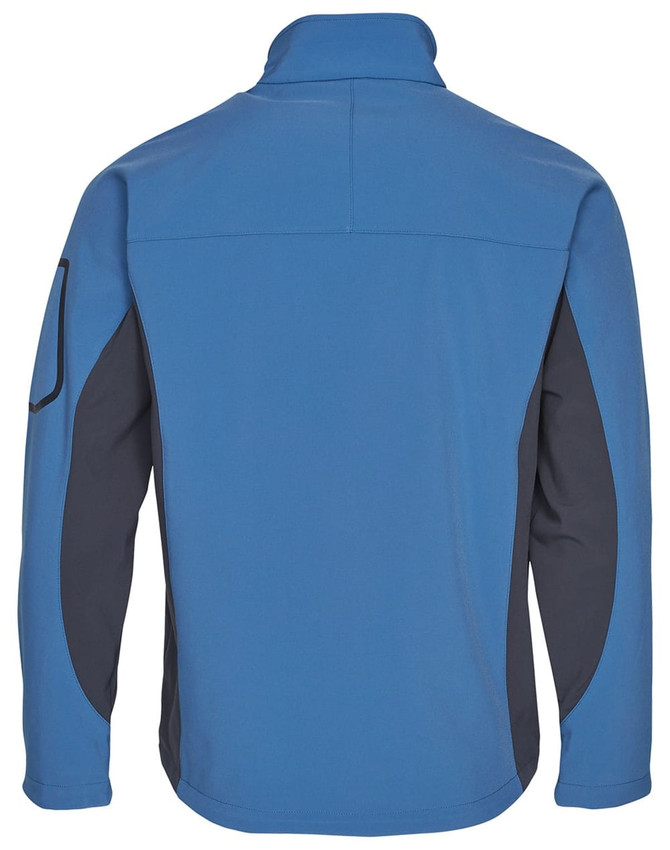 A blue and black men's softshell jacket with a high collar and a logo on the back.