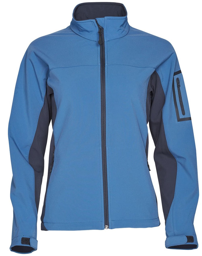 A blue ladies' softshell jacket with contrasting dark grey details and a zippered front. Features a logo on the sleeve.