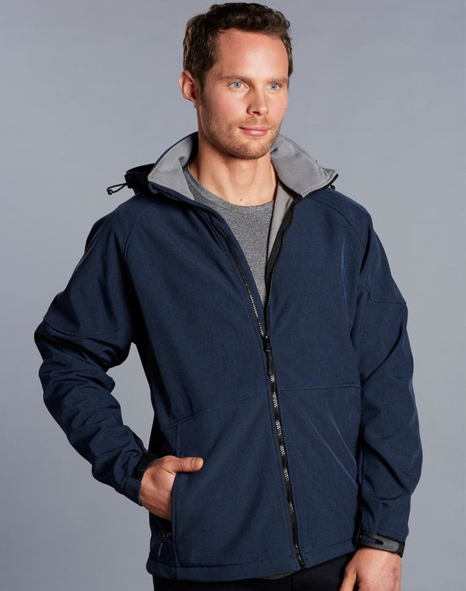 A men's softshell full zip hoodie in navy blue, featuring a hood and grey interior, with a logo on the chest.