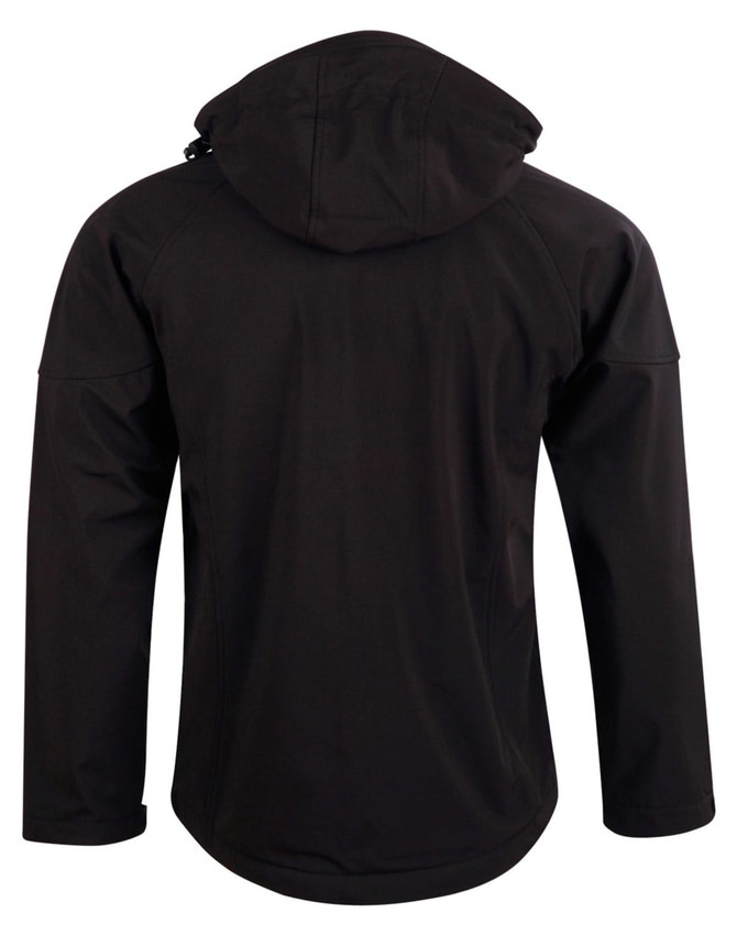A black men's softshell full zip hoodie featuring a hood and a sleek design. Includes a logo.