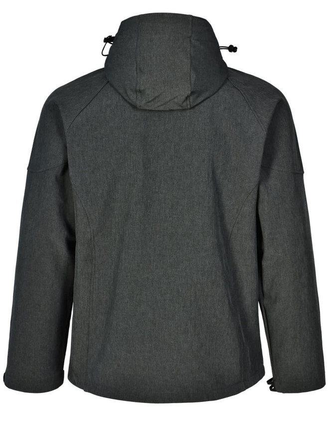 A dark green men's softshell full zip hoodie with a hood and adjustable toggles, featuring a smooth texture and casual design.