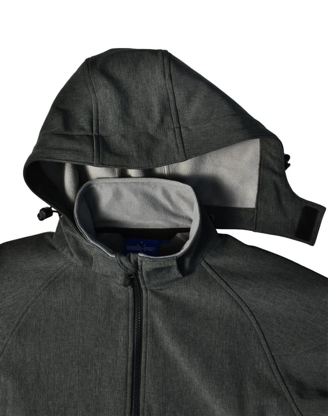 A men's softshell full zip hoodie in grey, featuring a hood and a logo on the inner collar.