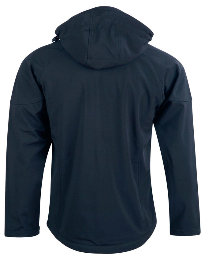 A navy blue kids' softshell full zip hoodie with a hood and a logo on the back.