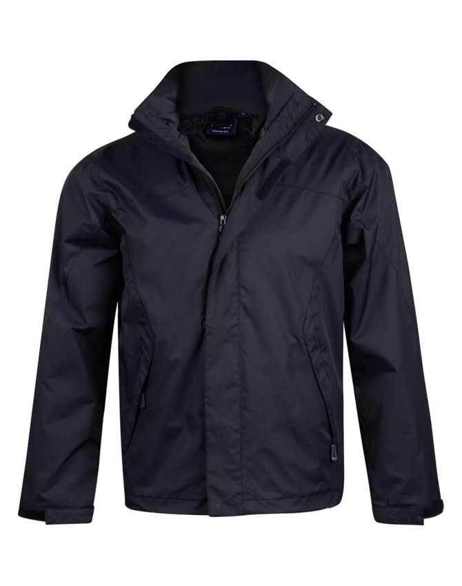 A versatile black jacket with a zip front, pockets, and a stand-up collar. Features a logo on the front.