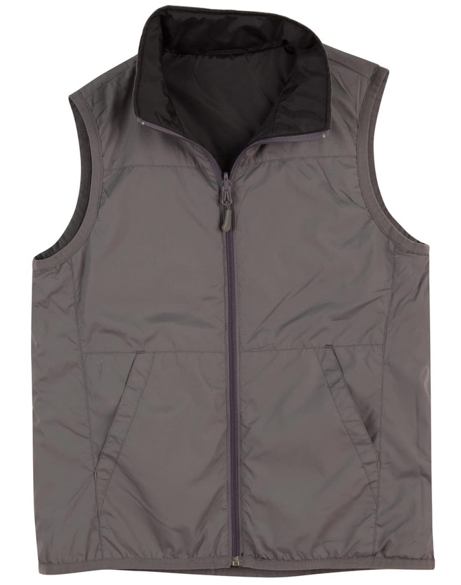 A grey men's vest featuring a zippered front and two side pockets. It has a collar and a lightweight design.