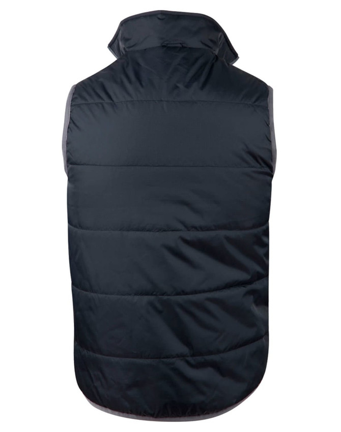A men's versatile vest in dark grey, featuring a quilted design and a high collar, with a logo on the back.