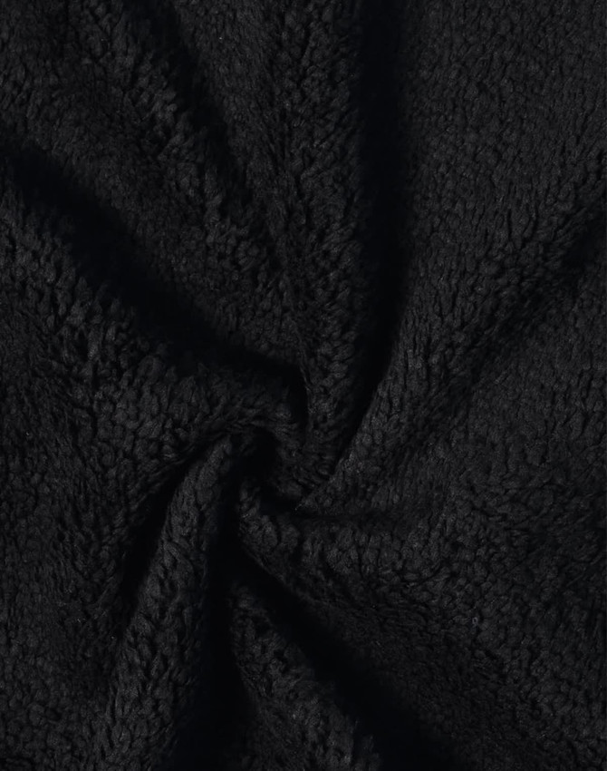 A textured black fabric with a fluffy, plush finish, suitable for jackets and outerwear.
