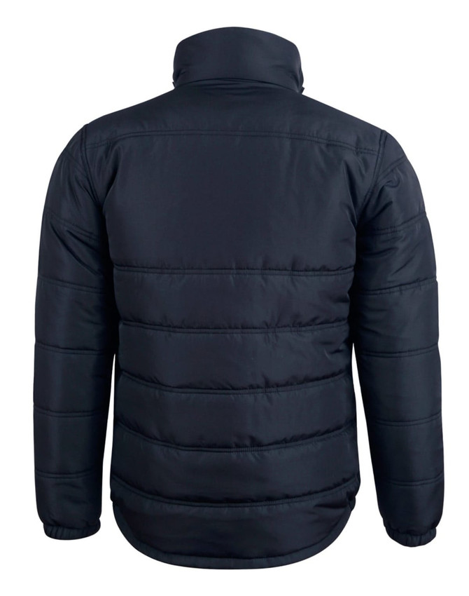 A heavy quilted puffer jacket in navy blue, featuring a high collar and a smooth finish. It has a logo on the back.
