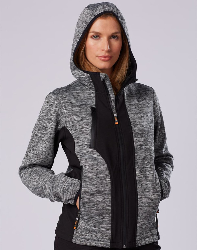 A stylish black and grey workwear jacket with a hood, featuring pockets and a fitted design. It has a logo.
