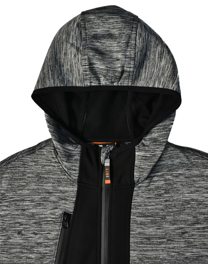 A black and grey patterned workwear hoodie with a hood and zippered front pocket. It features branding on the design.