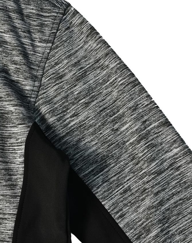 A grey workwear jacket featuring a textured fabric with black accents and a branding logo.