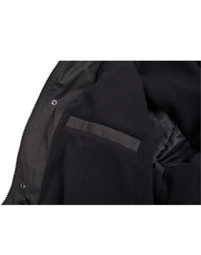 A black Long Line Stadium Jacket features a soft interior lining and an interior pocket. It has a simple design with a logo.