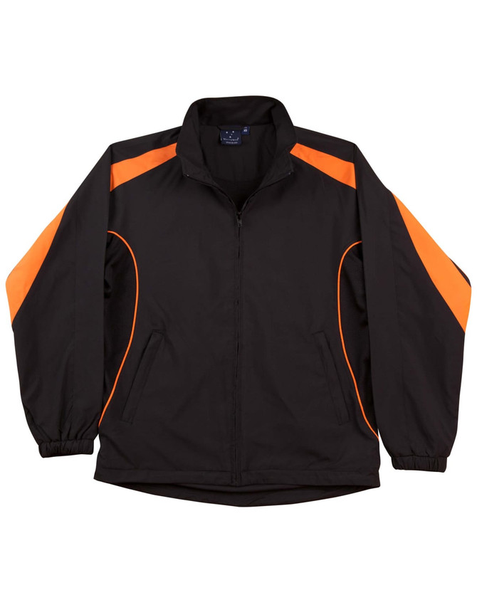 A black track jacket featuring orange accents, with a zip front and elasticated cuffs. It has a logo on the chest.