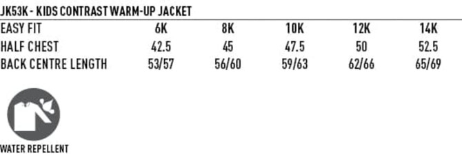 A warm-up jacket for kids in contrasting colours with a water-repellent feature and a logo.