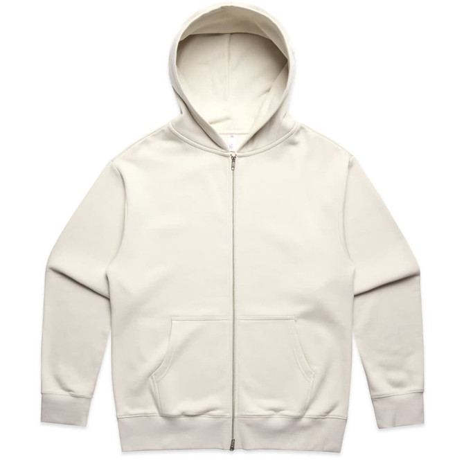 A light cream heavy zip hoodie with a front pocket and a hood, featuring a logo on the chest area.