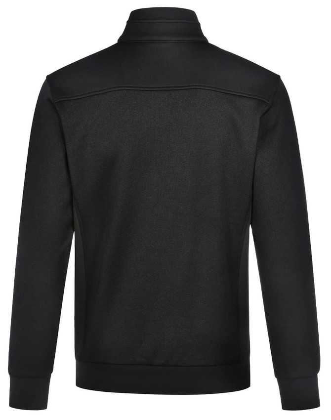 A black men's jacquard fleece jacket with a high collar and a smooth finish, featuring a logo on the back.