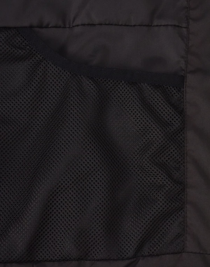 A black parka jacket featuring a textured inner pocket and smooth exterior materials. Includes a logo.