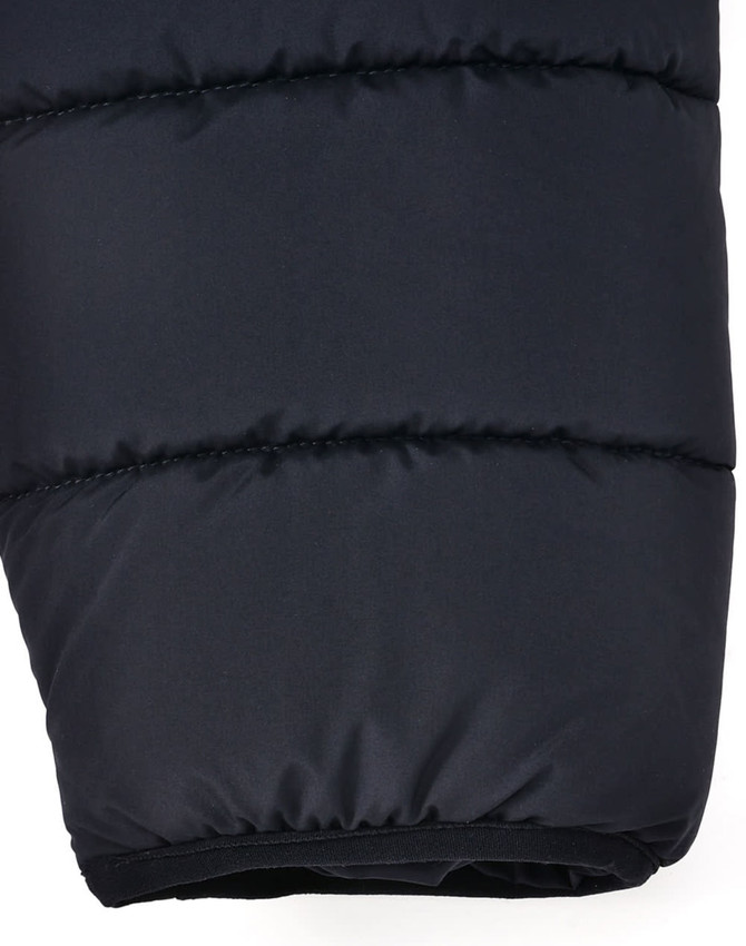 A black insulated puffer jacket featuring a 3D cut and a logo. The jacket is plush and slightly shiny.