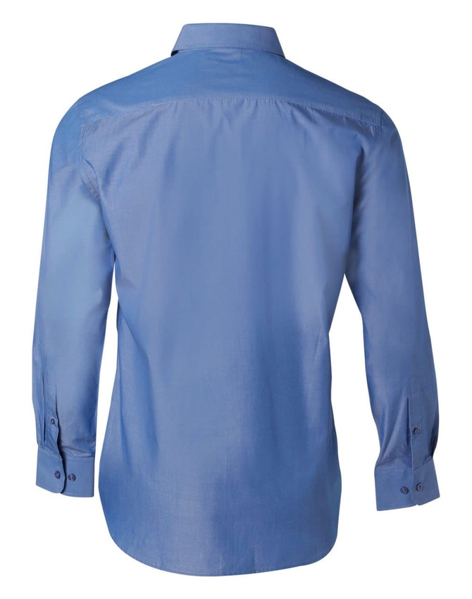 A blue long sleeve button-up shirt with a smooth finish and a back view featuring a logo.