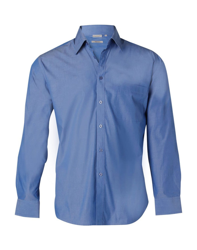 A blue long sleeve button-up shirt with a pocket and a collar, featuring a logo on the label.