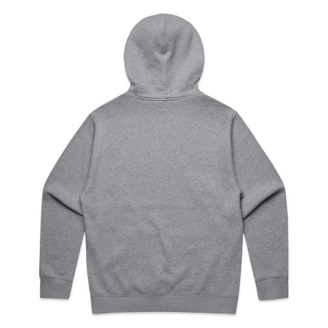 A grey hoodie with a hood and long sleeves, featuring a back view and a logo.