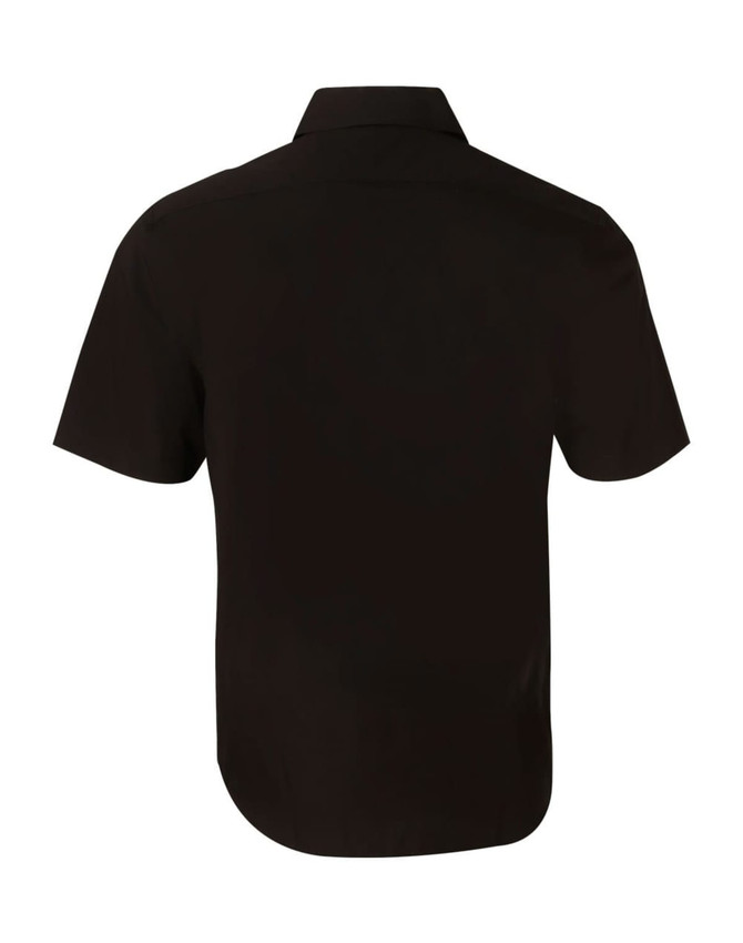 A black short-sleeve button-up shirt with a straight back design and a collar. It features a logo.