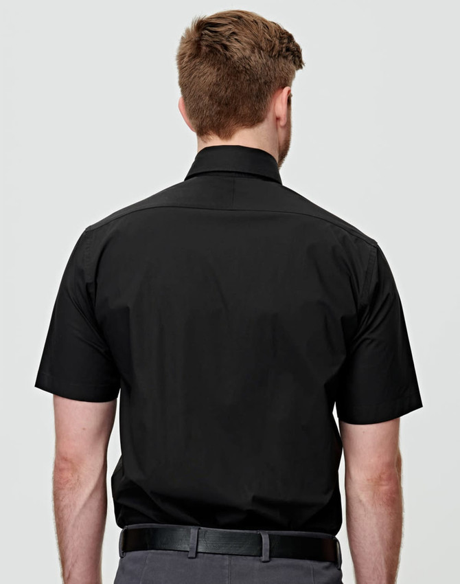 A black men's short-sleeve button-up shirt with a classic collar and fitted style, featuring a logo on the back.