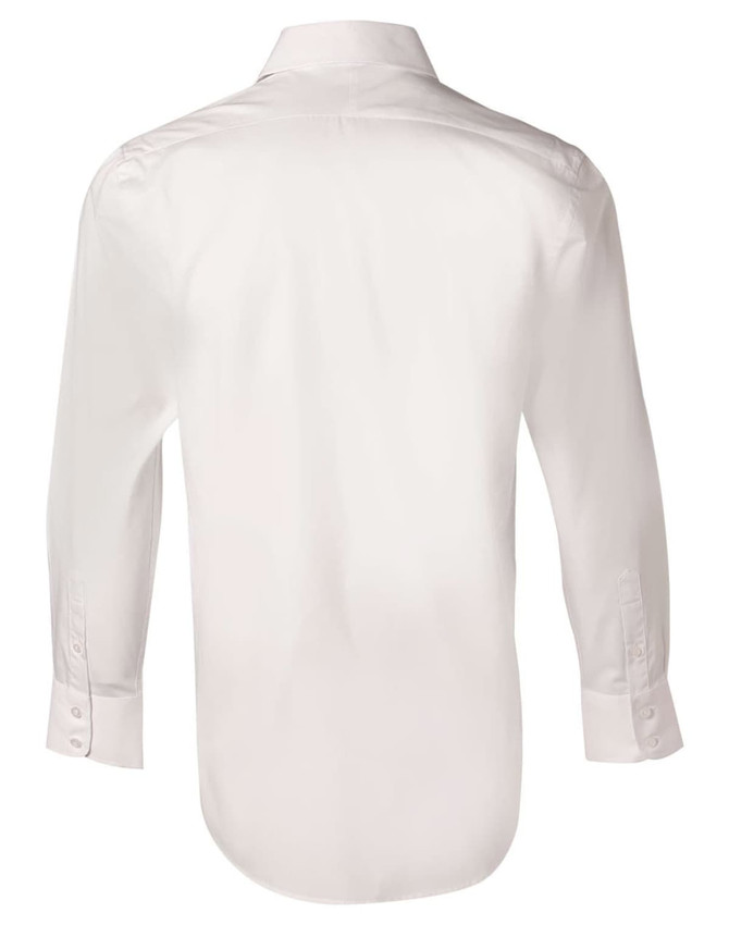 A white men's fine twill long-sleeve shirt, featuring a button-up design and a plain back. Logo present.