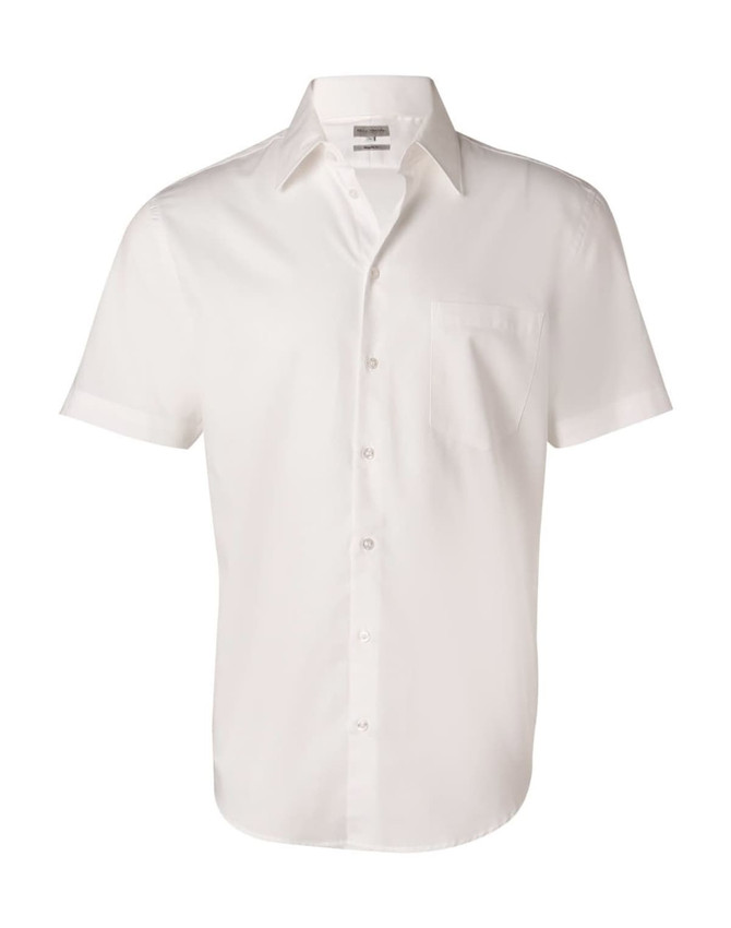 A white short-sleeve button-up shirt with a chest pocket and a collar, featuring a brand logo.