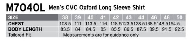 A table displaying size measurements for the Men's CVC Oxford Long Sleeve Shirt, including chest and body length.